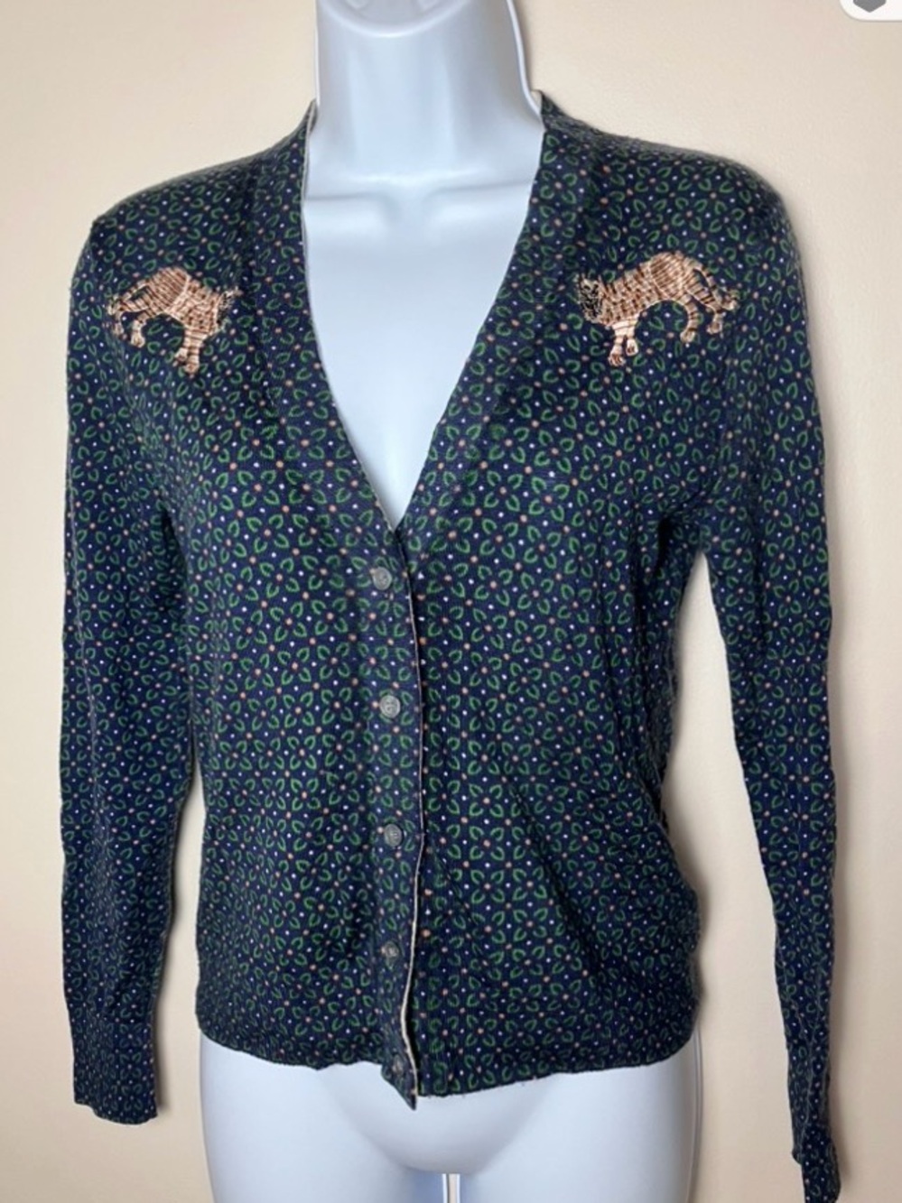 J. Crew Women's Merino Wool Navy Cardigan Embroidered Tigers Size Small